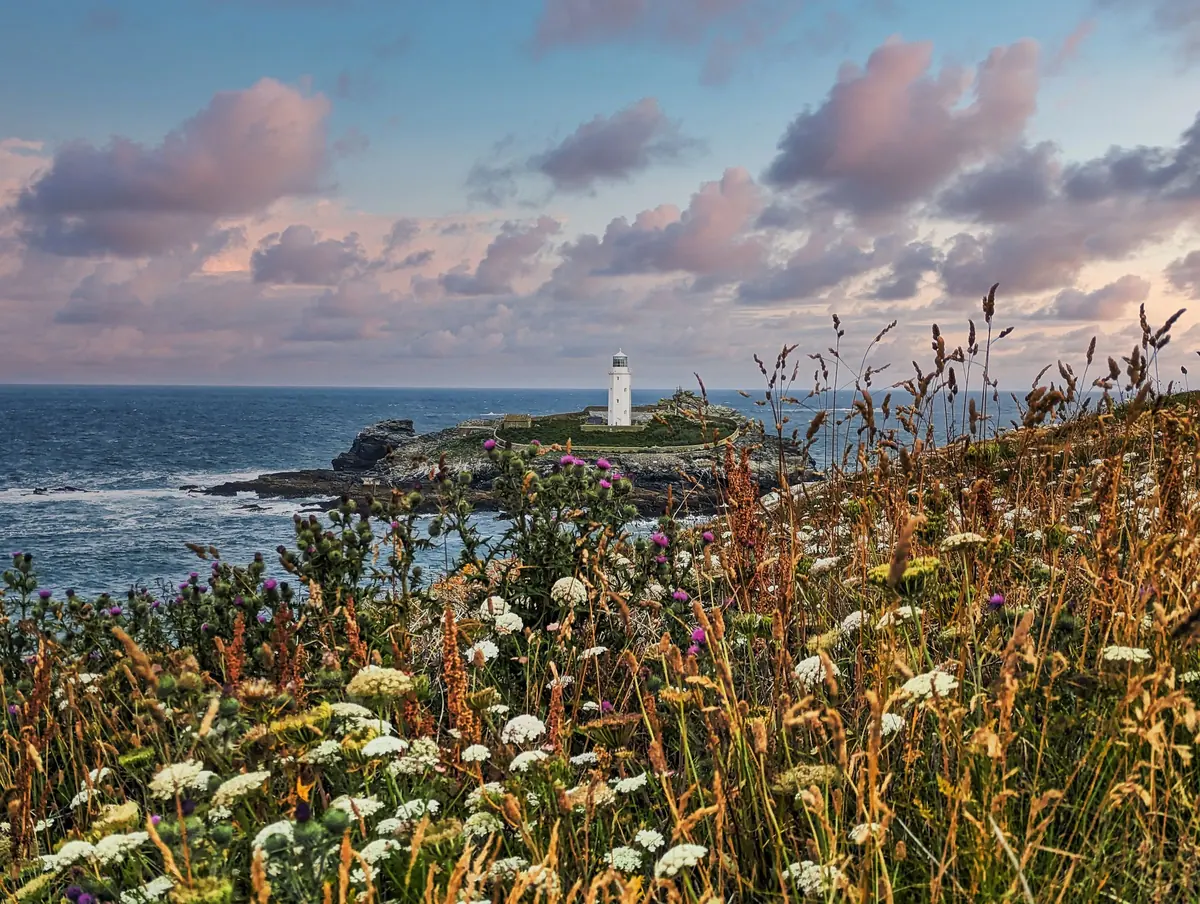 A white lighthouse on an island seen through summer grasses and wildflowers